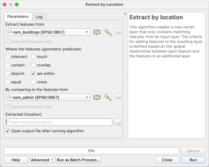qgis extract by location dialog