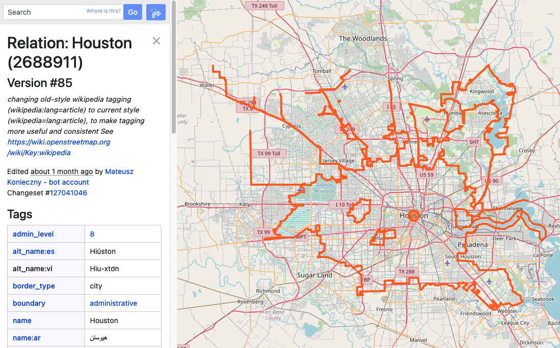 Houston relation on osm.org