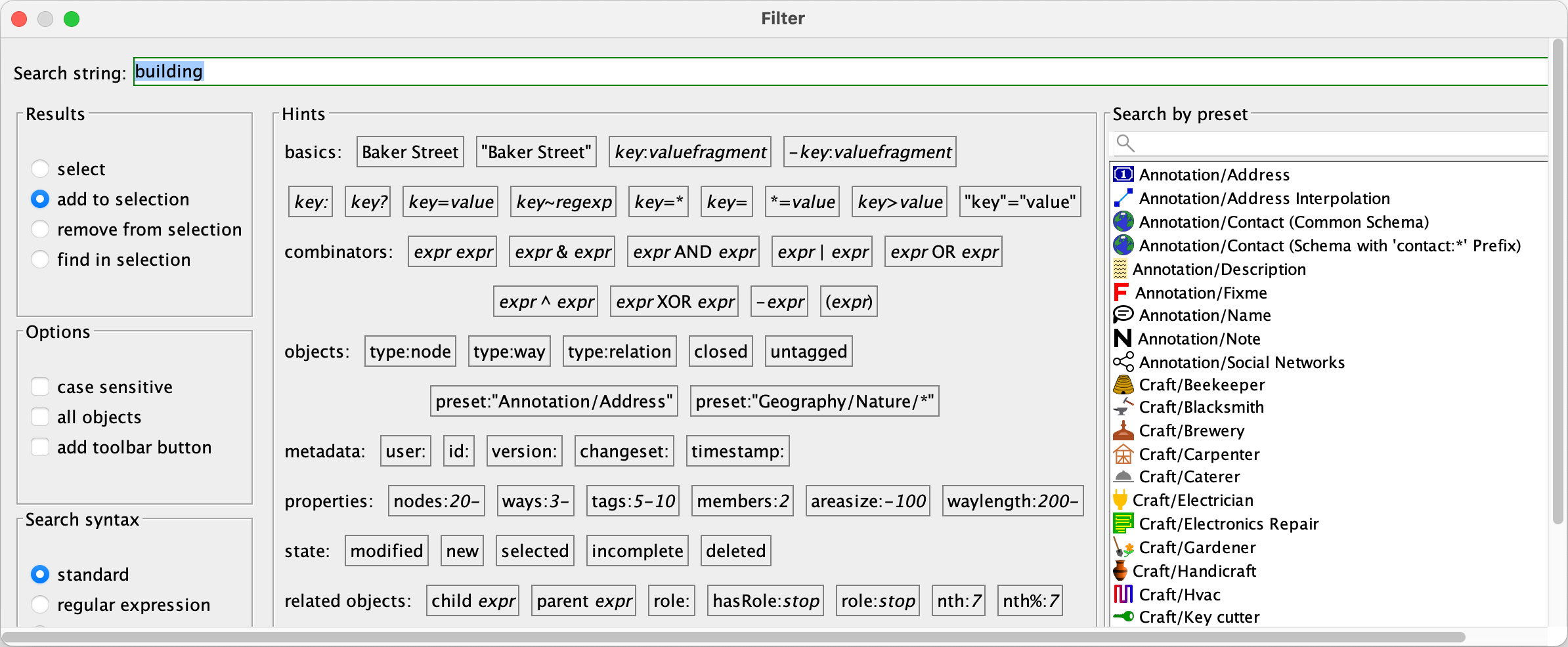 screenshot of JOSM search dialog