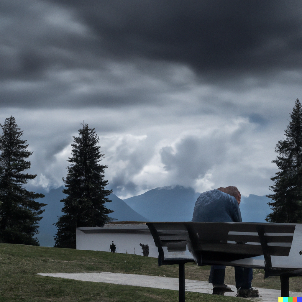 a landscape with peaks and troughs with a sitting  pensive man, facepalm, on a bench, threatening clouds