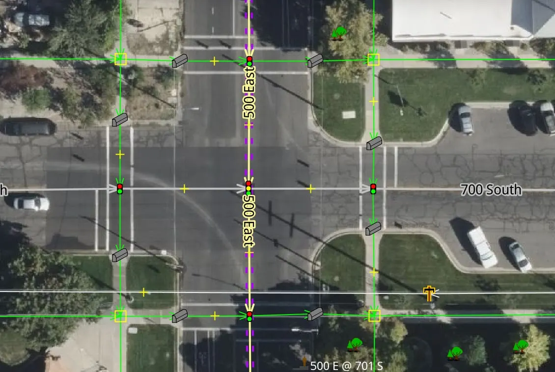 An intersection in OSM, in the JOSM editor.